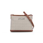 Front view of the monogrammed crossbody bag with a green camo print and a pink and tan printed stripe with pink and tan initials. Also pictured is an adjustable shoulder strap